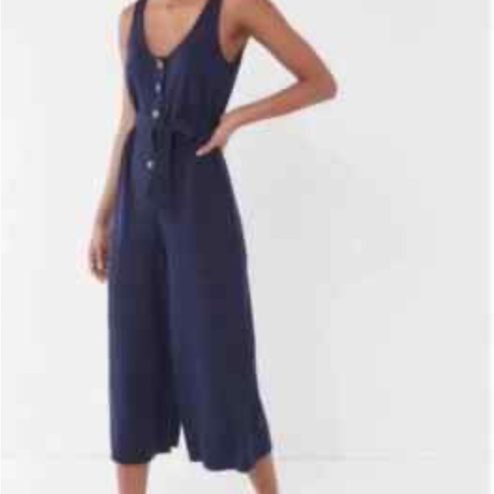 Urban Outfitters Blue V-Neck Jumpsuit with Wide-Leg Cropped Style